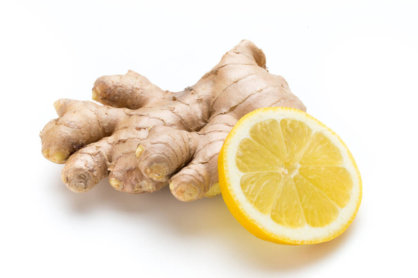 Ginger bio and lemon on white background. - Photo, image
