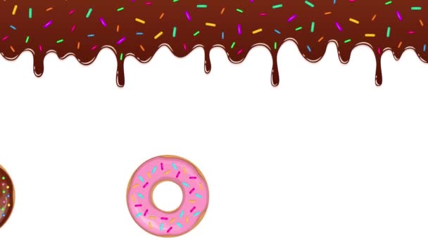 sweet melting chocolate icing with colorful sprinkles and colorful donuts - Footage, Video