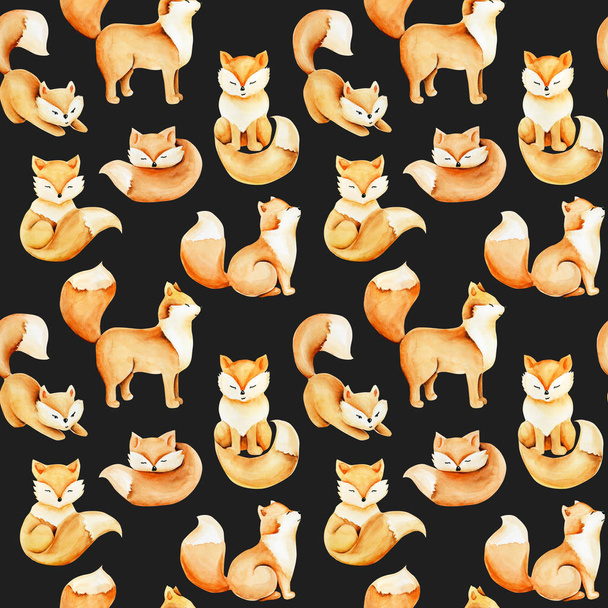 Seamless pattern of watercolor cute foxes, hand drawn on a dark background - Photo, Image