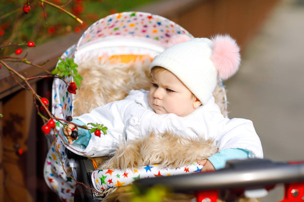 Cute little beautiful baby girl sitting in the pram or stroller on autumn day. Happy healthy child going for a walk on fresh air in warm clothes. Baby with in colorful clothes and hat with bobbles - Photo, Image