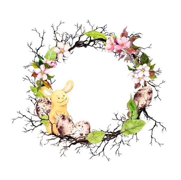 Easter bunny, eggs, branches, spring flowers, leaves. Floral wreath for Easter. Watercolor round garland - Foto, afbeelding
