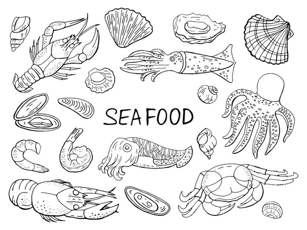 Seafood and fish black and white elements  - Vektor, Bild