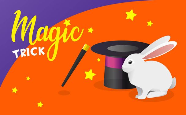 Vektorová vlajka s veselý Bílý králík, kouzelný klobouk a hůlka. Trik s králíkem z klobouku. Malý bílý králík, černý cylindr a kouzelná hůlka pro magické triky - Vektor, obrázek