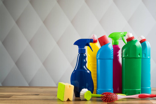 Home cleaning concept. Various Cleaning Products, place for typography - Foto, Imagem