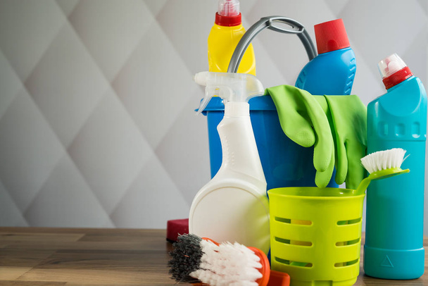 Home cleaning concept. Various Cleaning Products, place for typography - 写真・画像