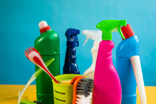Home cleaning concept. Various Cleaning Products, place for typography - Photo, Image