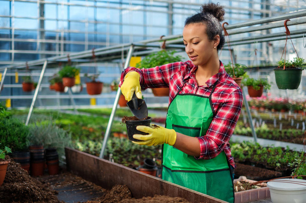 Mujer negra trabajando en un jardín botánico
 - Foto, imagen