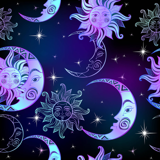 Seamless pattern. Sun moon and stars. Space background. Night sky. A magical fairy backdrop. Vector. - Vector, Image