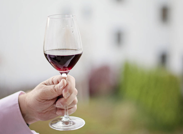 Bild eines halb vollen Glases Rotwein in der Hand, Kopierraum - Foto, Bild