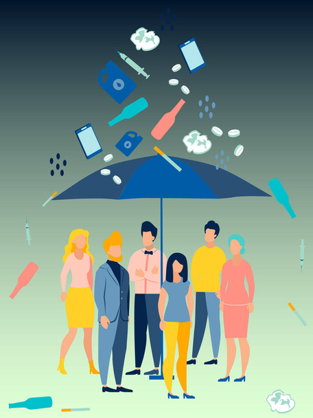 ökologisches Problem. Die Menschen verstecken sich unter einem Regenschirm vor schlechten Gewohnheiten. im minimalistischen Stil Cartoon flacher Vektor - Vektor, Bild