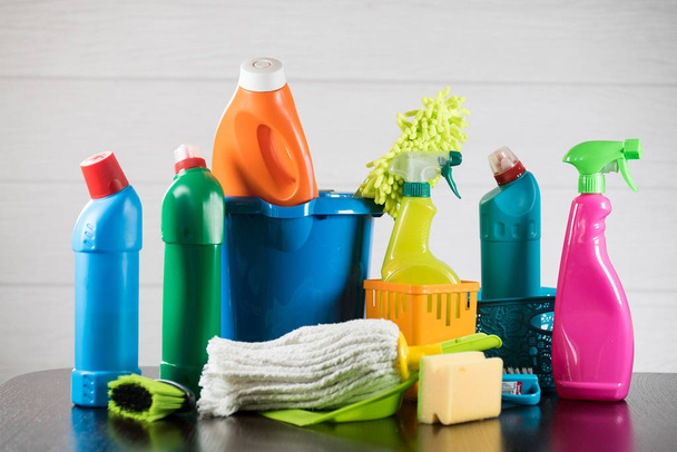 Home cleaning concept. Various Cleaning Products, place for typography - Photo, Image