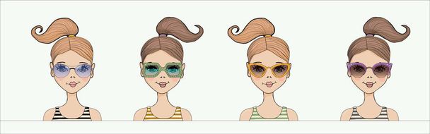 vector illustration of cute girl with set of different types sunglasses on white background - Vector, Image