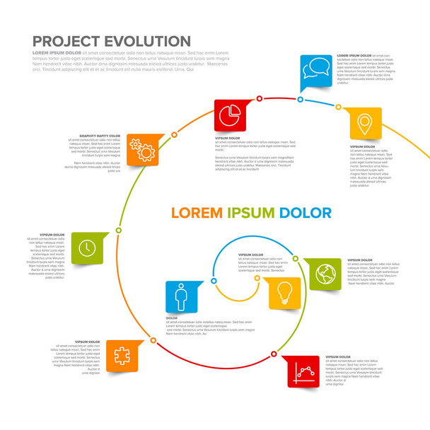 Šablona časová osa projektu evoluce s modelem spirála a ikony - bílá verze - Vektor, obrázek