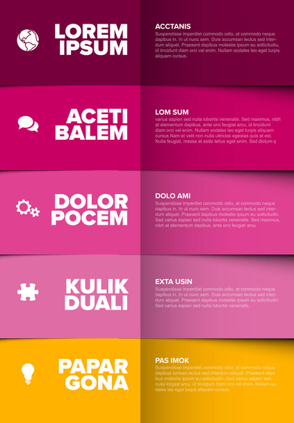 5つのピンクと黄色のカラーコンテンツブロックから作られたベクトル多目的インフォグラフィックテンプレート - ベクター画像