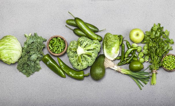 Green health food, fruits and vegetables. Top view with copy space. - Foto, immagini