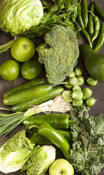 Green health food, fruits and vegetables closeup. - Foto, Imagen
