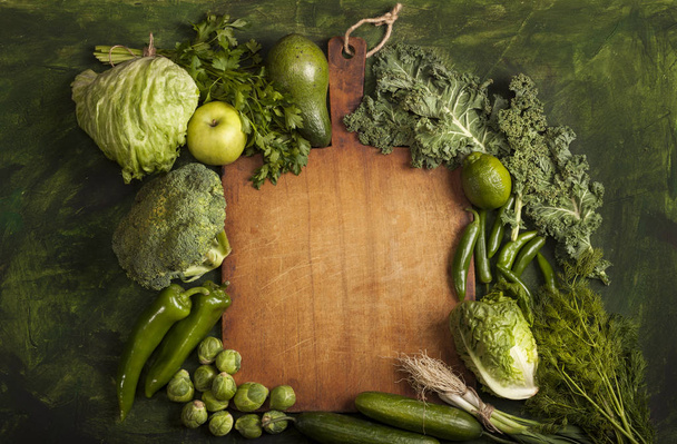 Green health food, fruits and vegetables. Top view with copy space. - Foto, afbeelding