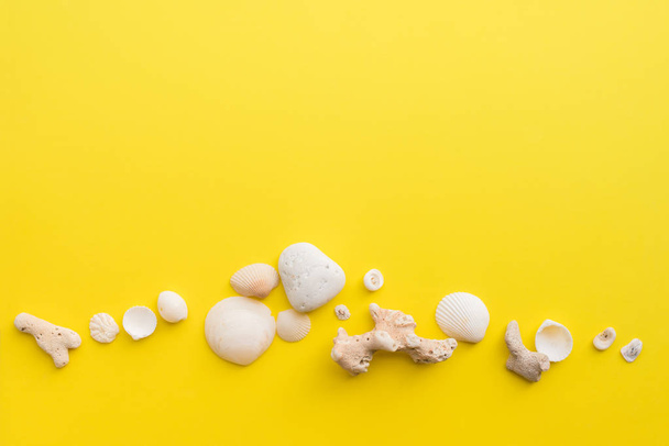 White shells hot season on yellow background. Flat - Fotografie, Obrázek