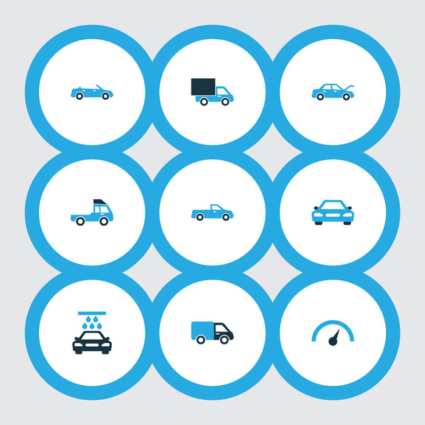 Auto icônes ensemble coloré avec modèle décapotable, camion, fixation et autres éléments de camion. Illustration isolée auto icônes
. - Photo, image