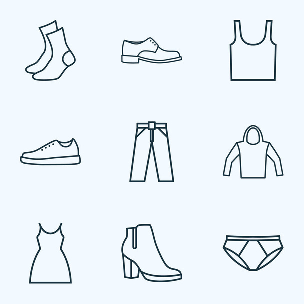 Kleid-Symbole Linie Stil-Set mit Höschen, Socken, weiblichen Stiefeln und anderen Absatzelementen. isolierte Illustration Kleid Ikonen. - Foto, Bild