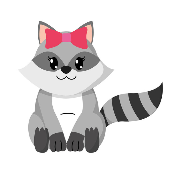 colorful female raccoon cute animal with ribbon bow - Vector, Image