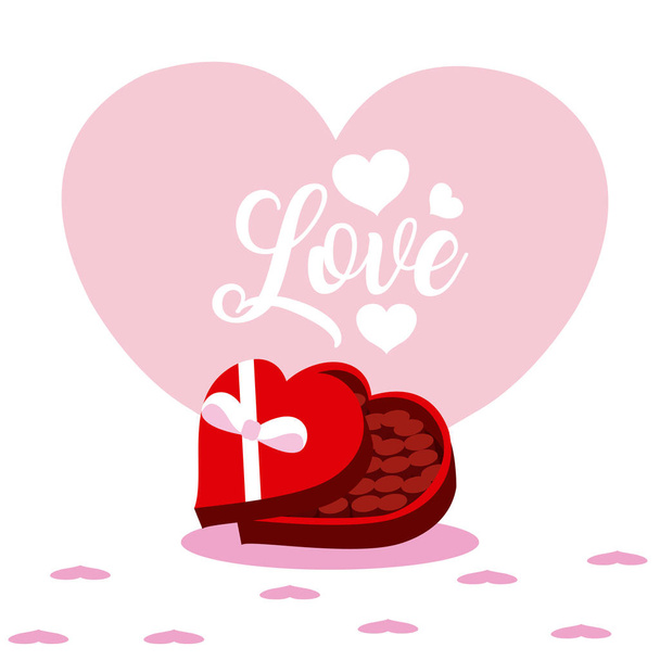 Χαριτωμένο αγάπη με δώρο καρδιά σχήμα κουτί κινούμενα σχέδια διανυσματικά εικονογράφηση γραφικού σχεδιασμού - Διάνυσμα, εικόνα