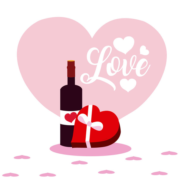 Aranyos szerelem borosüveg és a szív alakú díszdobozban rajzfilmek vektoros illusztráció grafikai tervezés - Vektor, kép