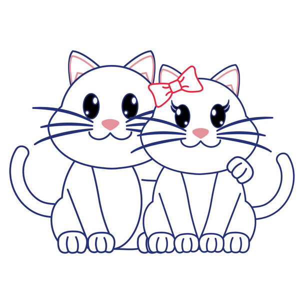 color line couple cat cute animal character - Διάνυσμα, εικόνα