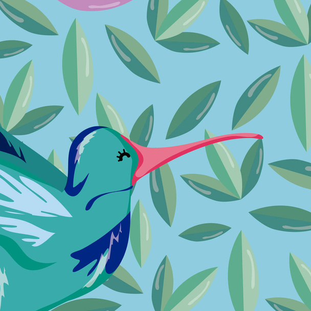 Aves exóticas desenhos animados sobre folhas tropicais fundo vetor ilustração gráfico design
 - Vetor, Imagem