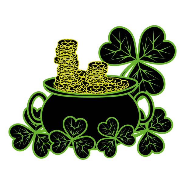 неонові плоскі золоті монети всередині котла і конюшини рослини
 - Вектор, зображення