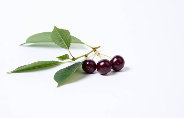 Ripe cherries with leaves on a white background. - Photo, Image