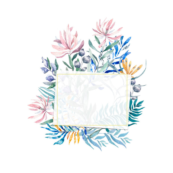Watercolor exotic square frame with tropical leaves, flowers and toucan for wedding, invite, birthday card. Isolated illustrarion summer colors, design vertical frame on white background - 写真・画像