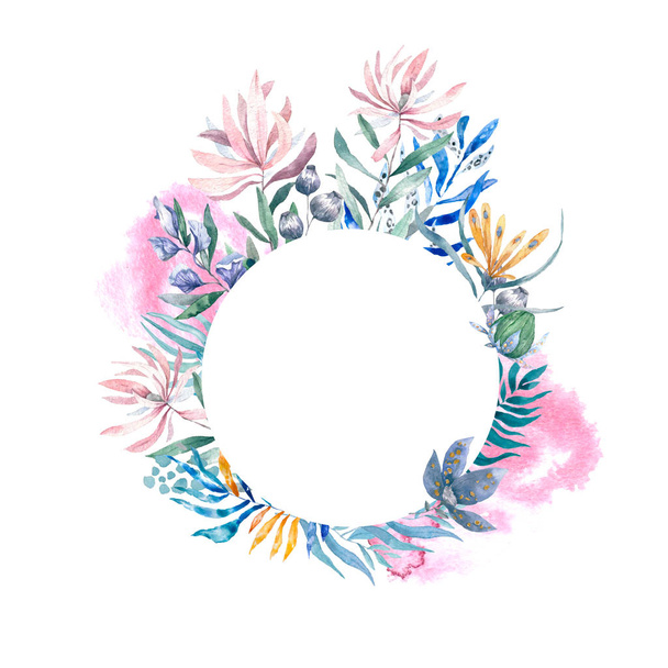 Watercolor exotic circle frame with tropical leaves, flowers and toucan for wedding, invite, birthday card. Isolated illustrarion summer colors on white background - Φωτογραφία, εικόνα