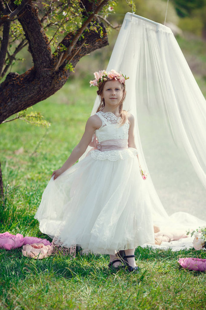 Una piccola bionda ragazza europea in un bel vestito posa vicino al paesaggio nel campo
. - Foto, immagini