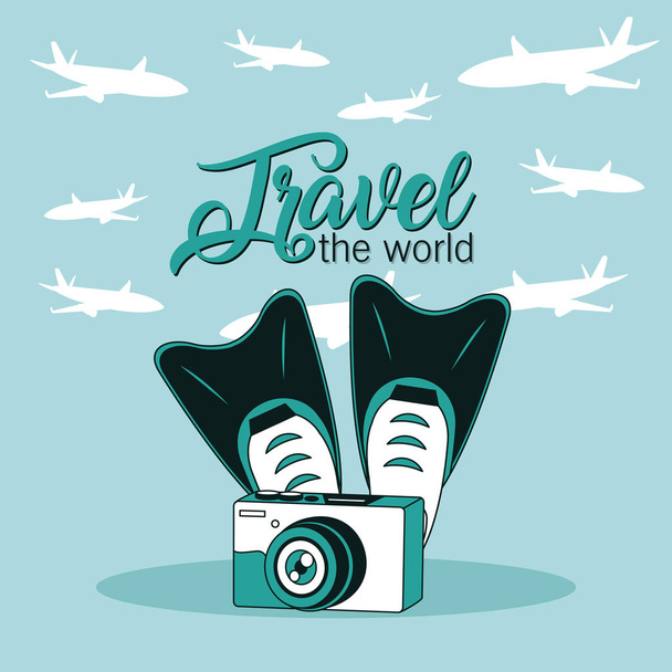 Travel the world with camera and diving fins vector illustration graphic design - Вектор,изображение