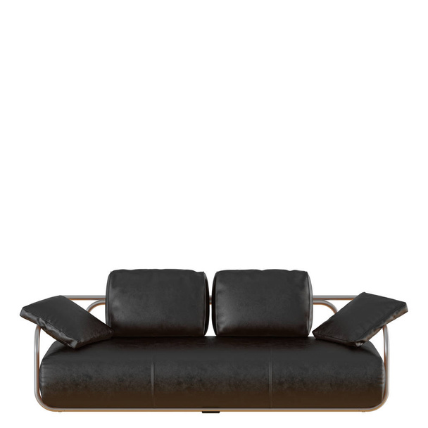 Черный кожаный диван с подушками на белом фоне 3D рендеринг
 - Фото, изображение