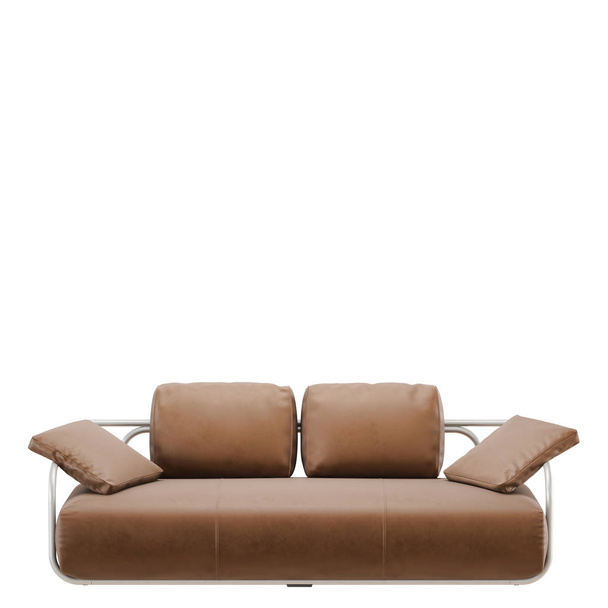 Brown leather sofa with pillows on a white background 3d - Photo, Image