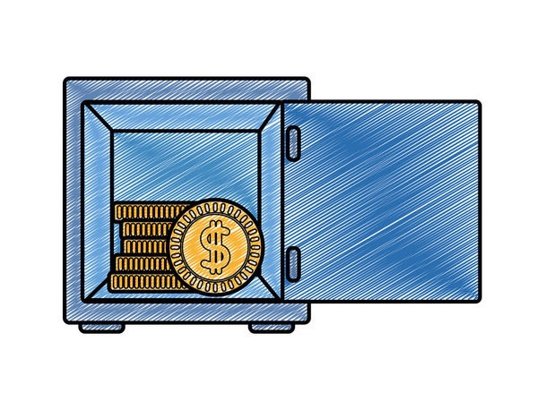 monedas ralladas con símbolo de peso dentro de caja fuerte
 - Vector, imagen