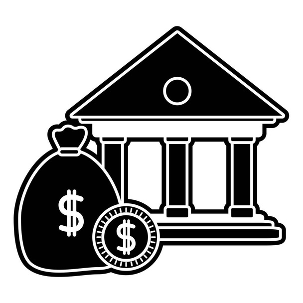силуэт финансового банка с мешком денег и монеты
 - Вектор,изображение