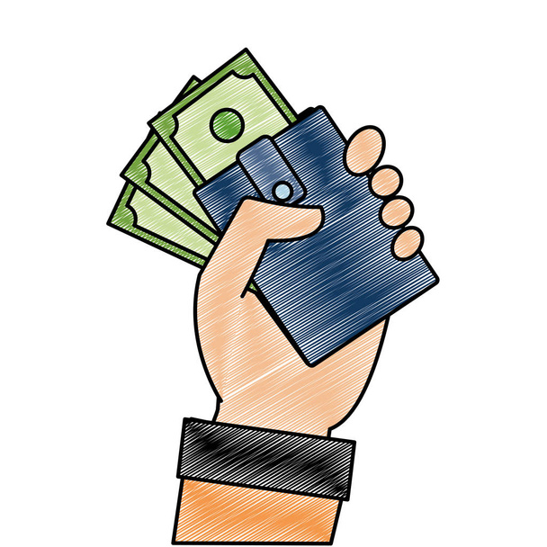 τριμμένο χέρι με νομοσχέδιο μετρητά χρήματα και το πορτοφόλι - Διάνυσμα, εικόνα
