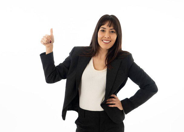 Portrait of young pretty happy businesswoman showing thumbs up. Smiling celebrating success feeling confident . In people business education, successful women and positive work environment concept. - Zdjęcie, obraz