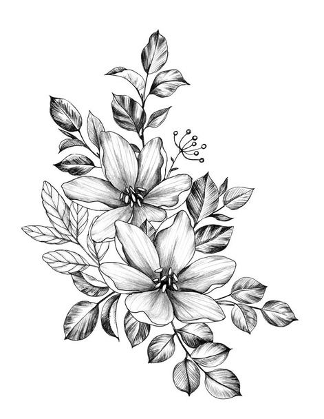Hand drawn Bunch with Two Flowers and Leaves - Photo, image
