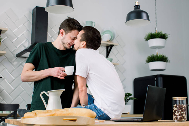 Happy gay couple having breakfast in kitchen and using laptop. Amorous gay men kissing each other, face to face while spending leisure at home - Foto, Imagem