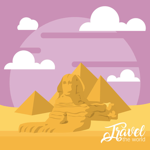 Ταξιδεύουν τον κόσμο κάρτα με egypcian πυραμίδες διανυσματικά εικονογράφηση Γραφιστικής - Διάνυσμα, εικόνα