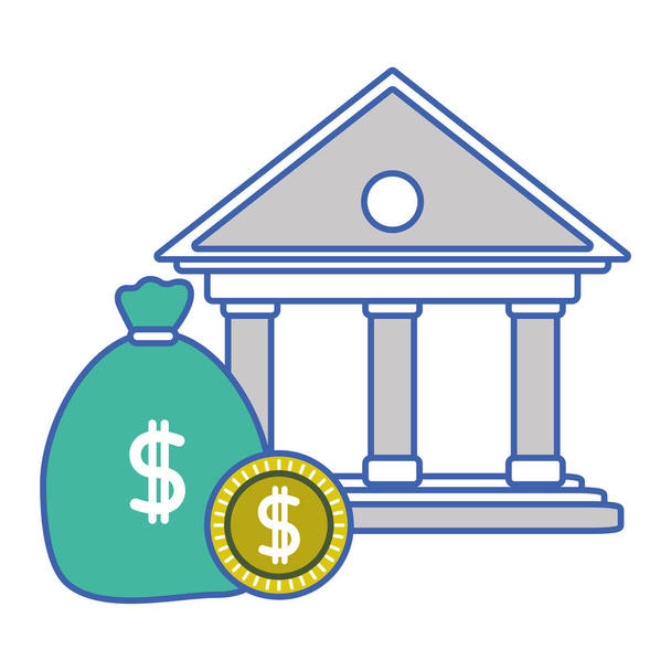 banco financiero con bolsa de dinero y monedas
 - Vector, imagen