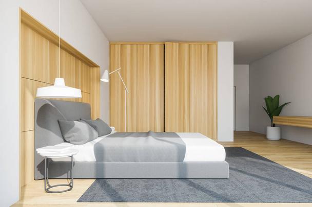 Stylish bedroom interior with white bedding of king size bed in fashionable. 3d render. - Photo, Image