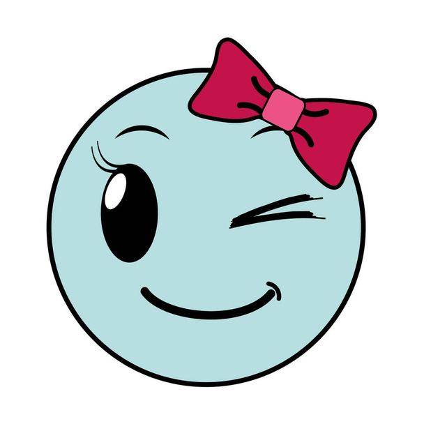 linha cor boa expressão emoji feminino com laço de fita
 - Vetor, Imagem