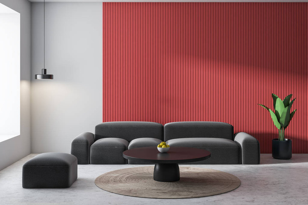 Sala de estar branca e vermelha, sofá cinza
 - Foto, Imagem