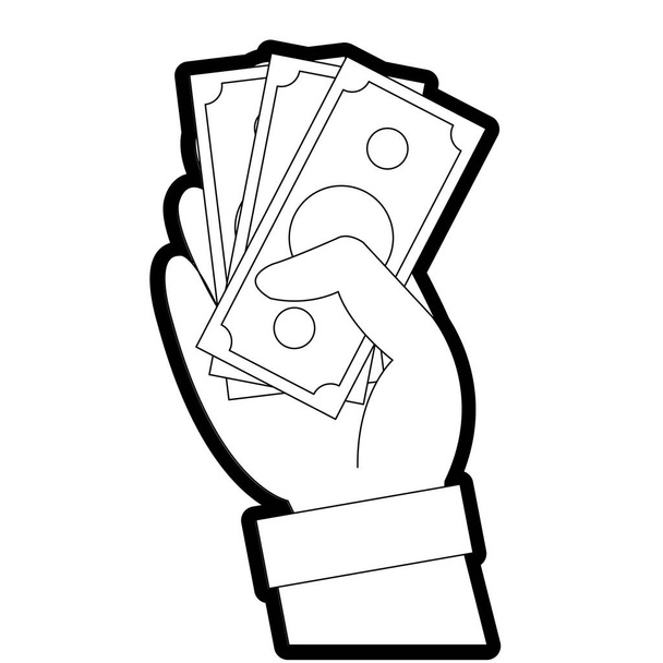 mão de linha com notas em dinheiro moeda
 - Vetor, Imagem