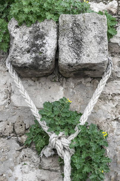 Fehér kikötési kötél csomózott a kőfal, a zöld növények. - Fotó, kép